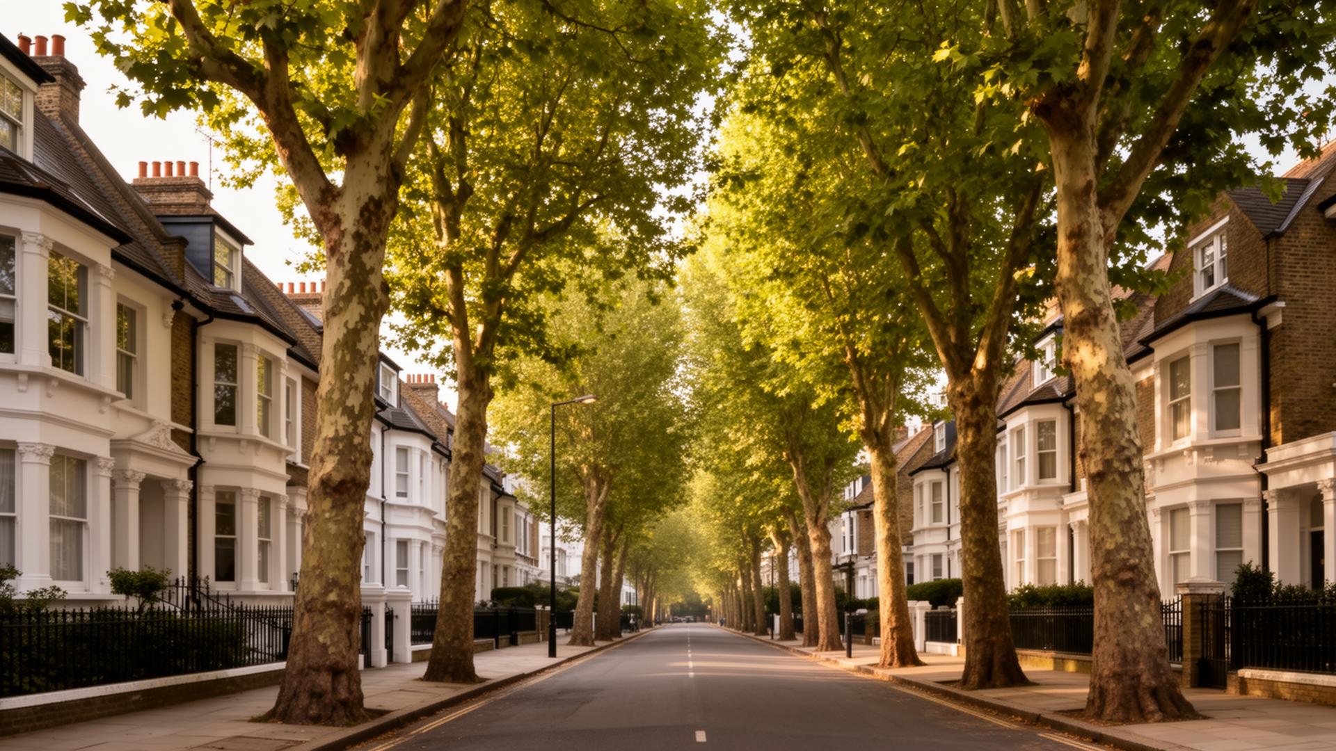 Tree-lined avenue with Edwardian houses and mature plane trees in Beckenham, South East London