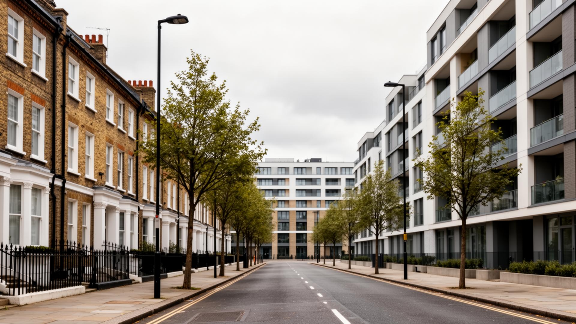 Mix of Victorian terraces and modern apartments on a residential street in Lewisham, South East London