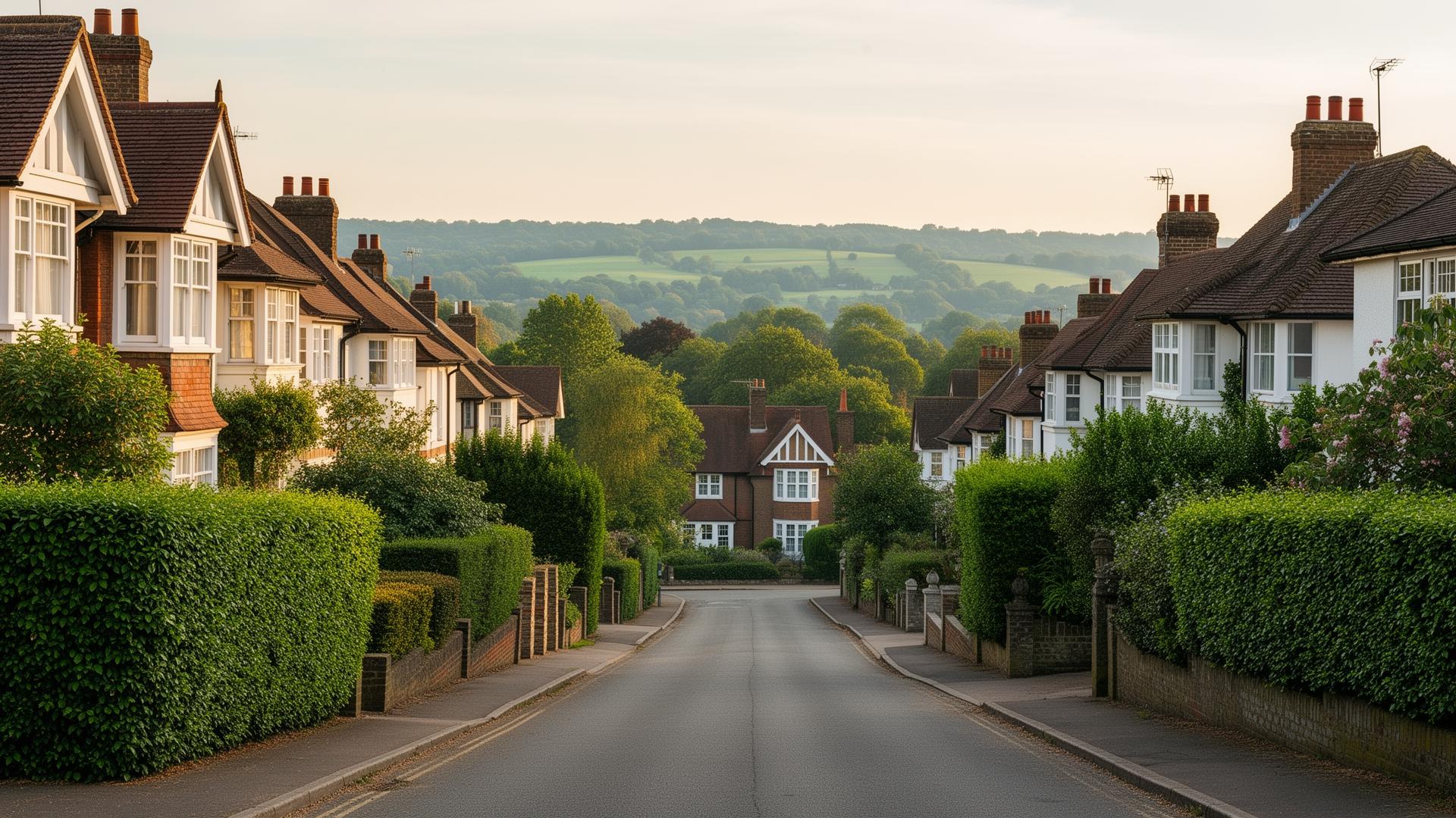 Residential street in Oxted with period homes, green hedges, and Surrey Hills countryside visible