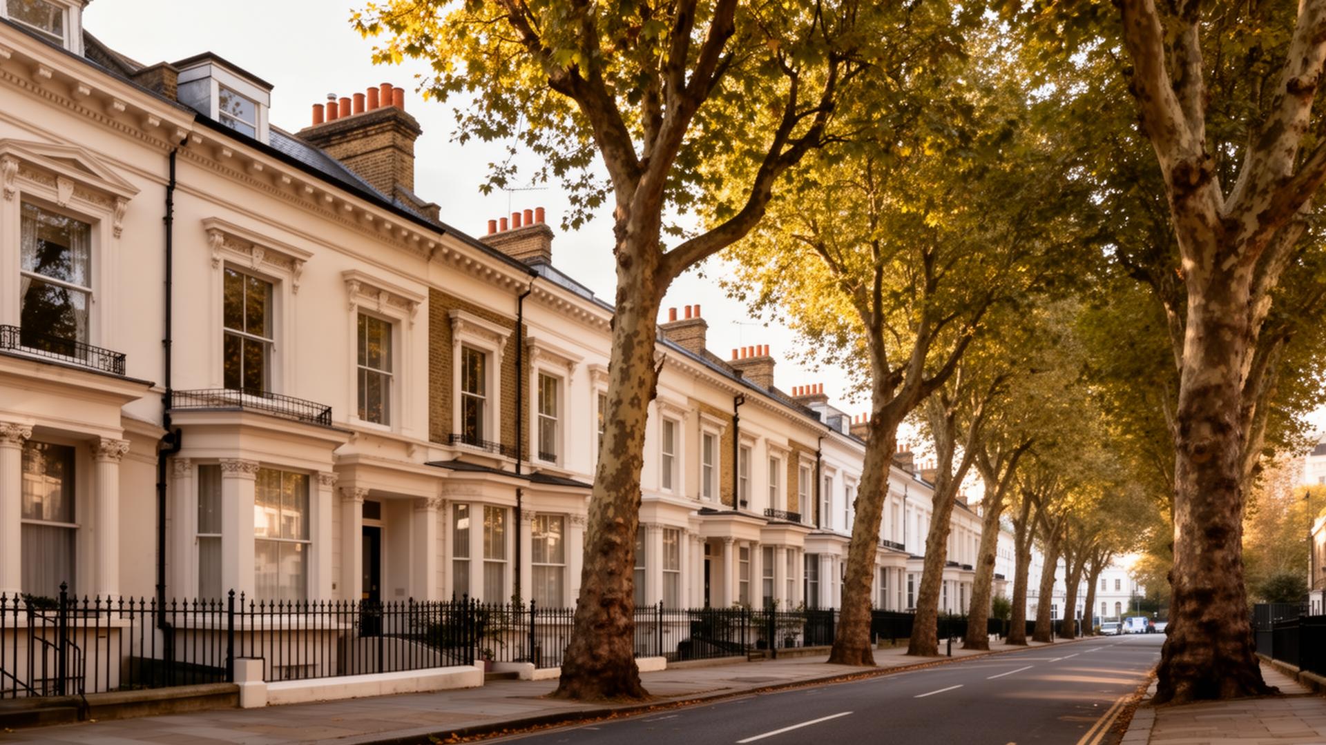 Elegant Victorian terraced houses with mature trees on a residential street in Sydenham, South East London