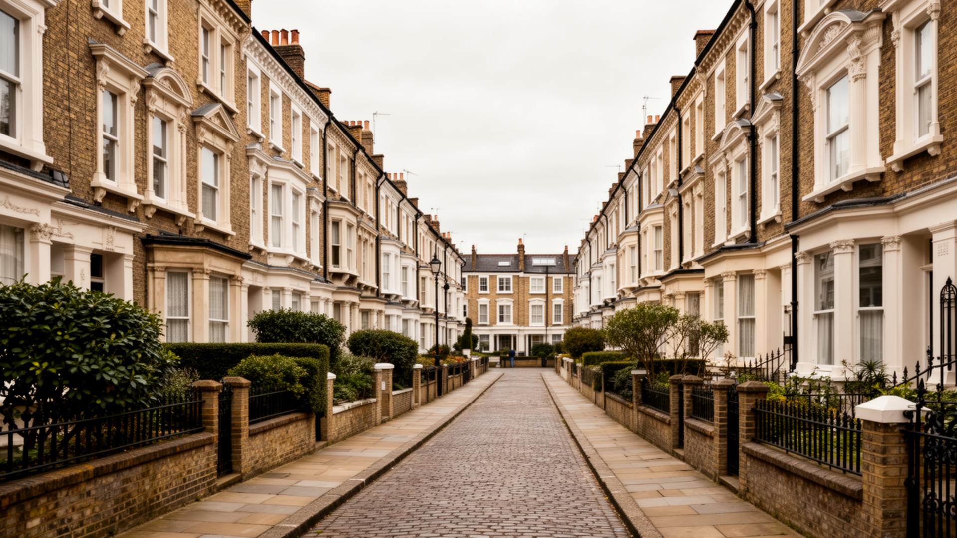 Edwardian terraced residential street with brick houses and front gardens in Tooting, South London