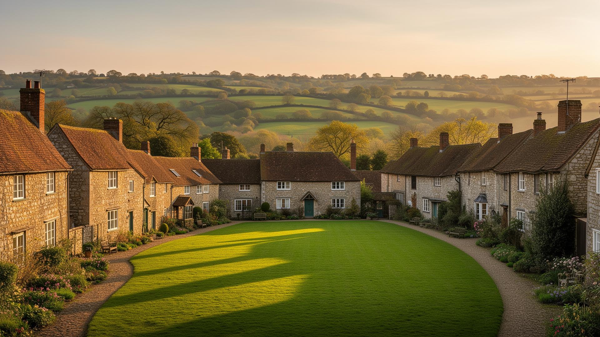 Westerham village green with historic stone cottages and rolling Kent countryside hills