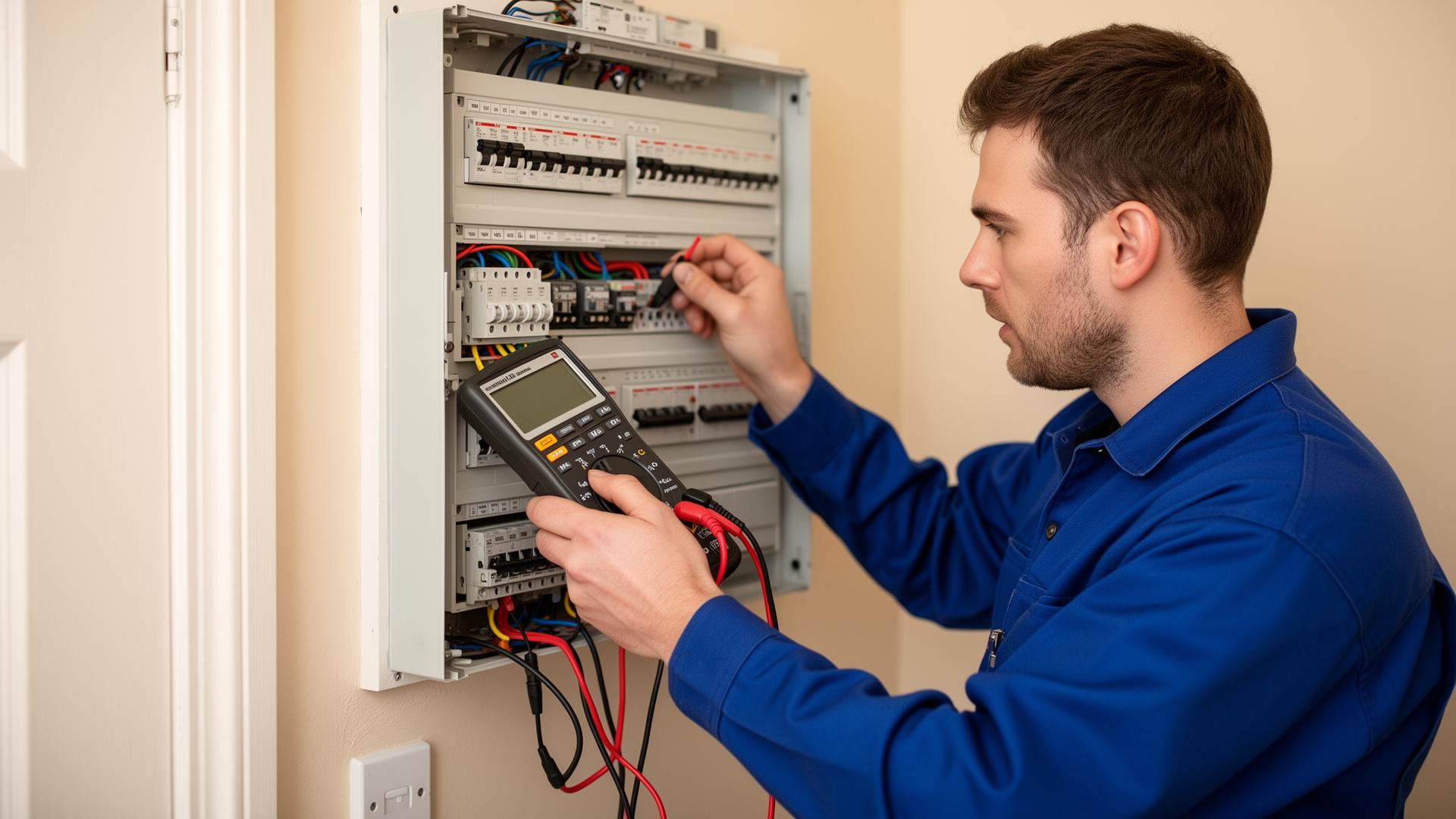 Electrician diagnosing electrical faults using multimeter on a consumer unit
