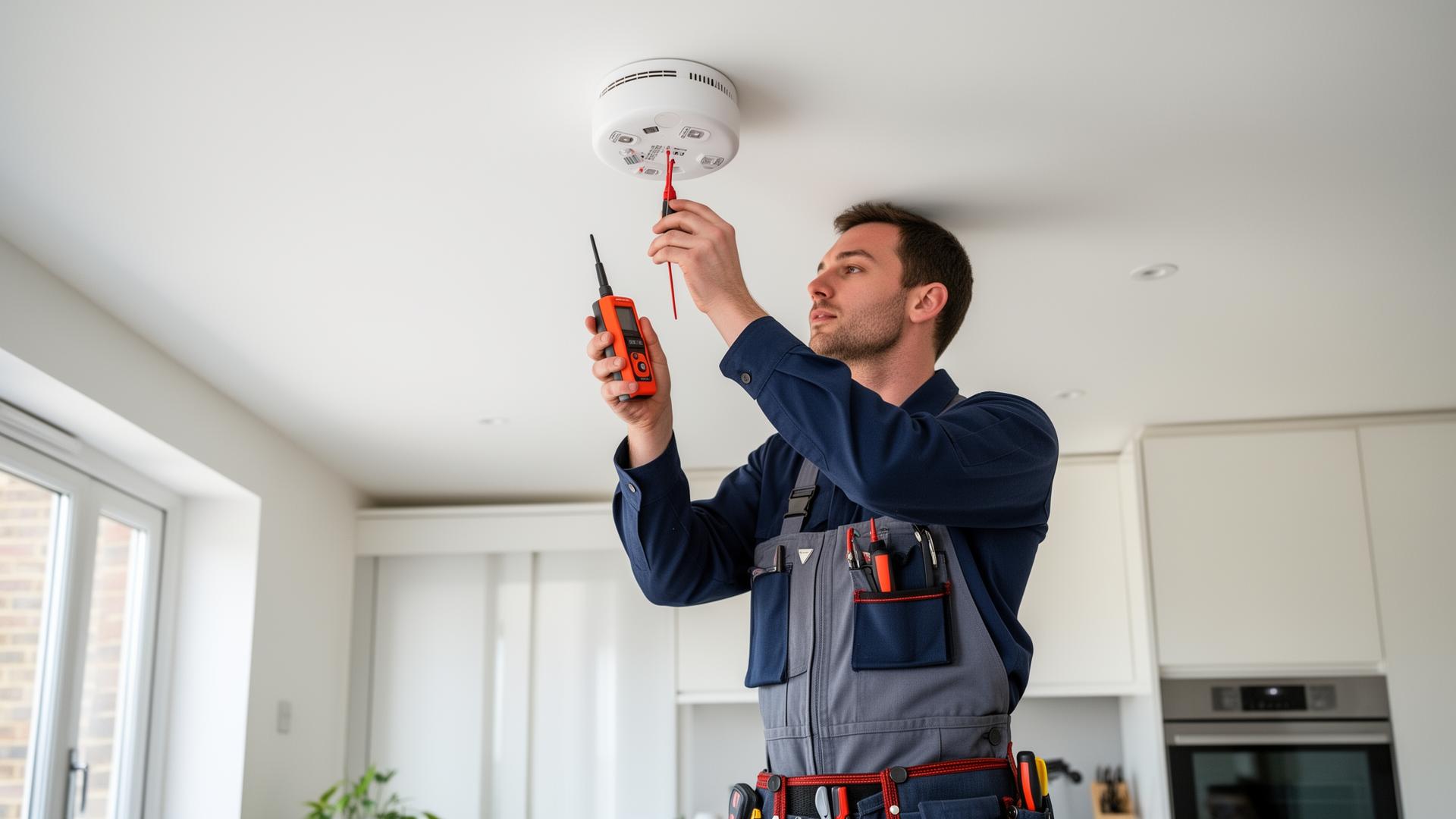 Professional electrician installing mains-powered smoke detector on ceiling