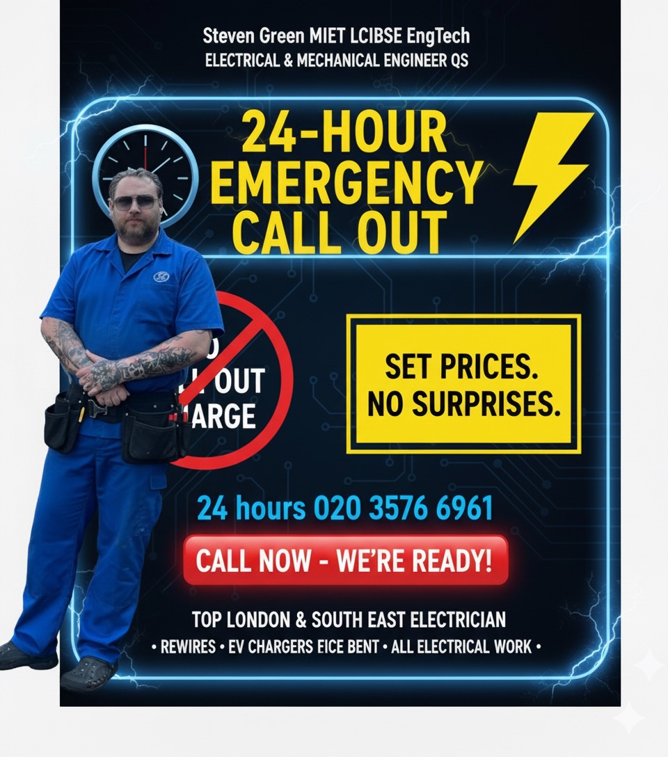 24/7 Electrical emergency call-out service promotional image showing 24-hour availability