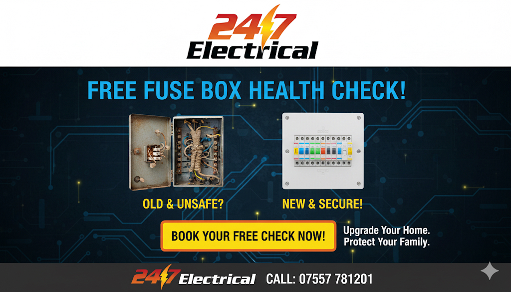 Free fuse box health check promotional image comparing old unsafe fuse box with new consumer unit