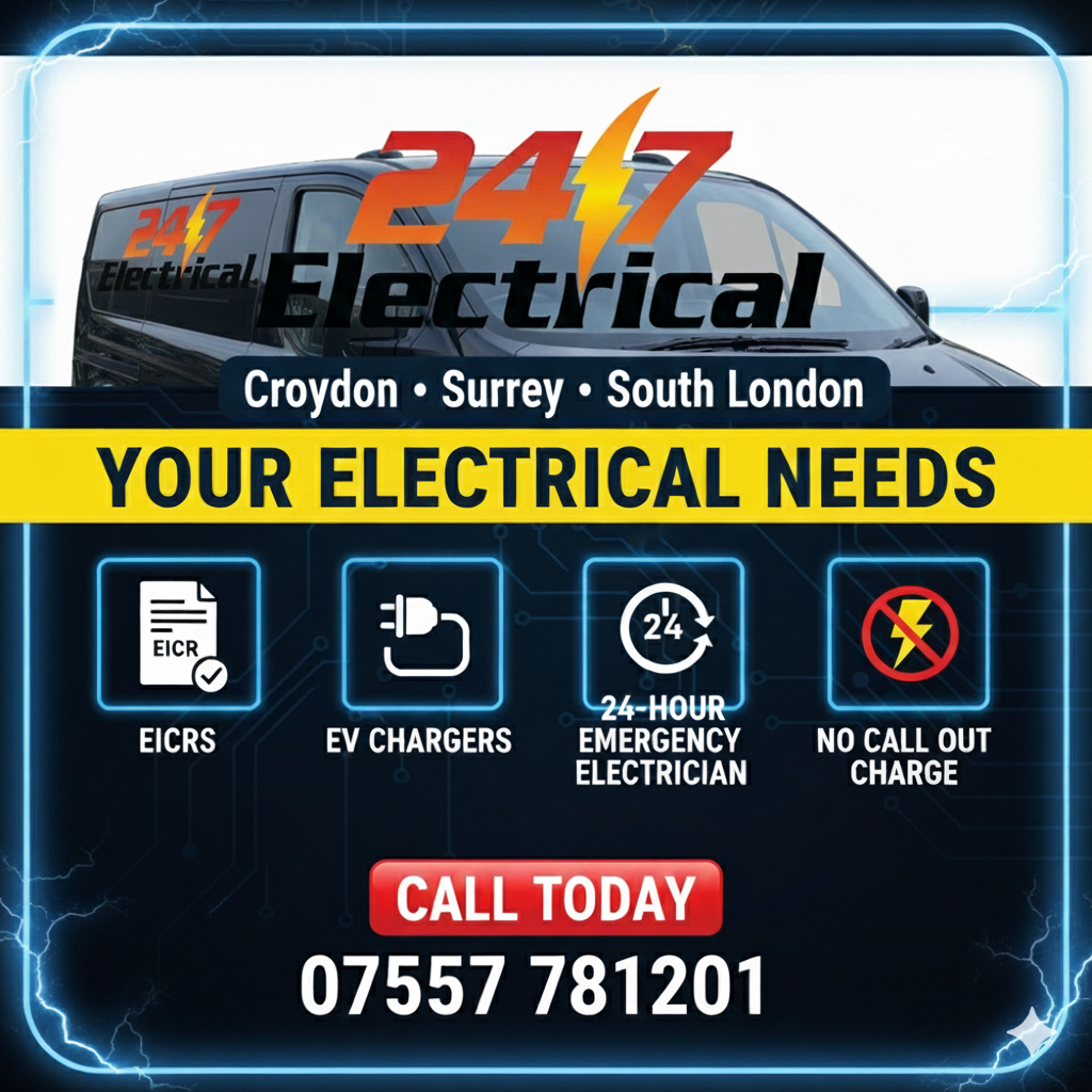 24/7 Electrical services overview including EICRs, EV chargers, and emergency electrician